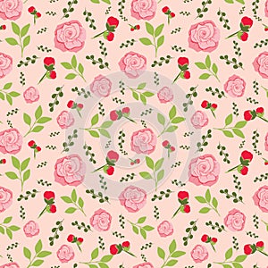 Seamless pattern design roses and leaves on beige