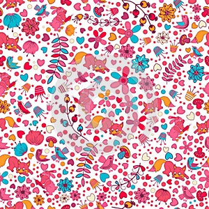 Seamless pattern for design in the style of children's doodles. flowers, fruit, fox, rabbit. in great detail