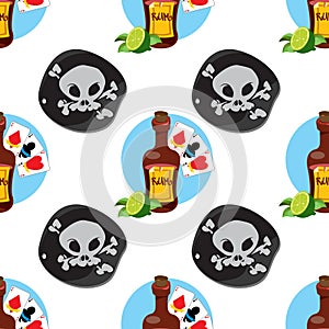Seamless pattern for design surface on pirate theme. Bottle of rum and playing cards