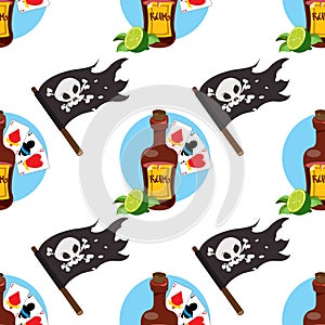 Seamless pattern for design surface on pirate theme. Bottle of rum and playing cards