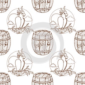 Seamless pattern for design surface Wooden barrel of rum