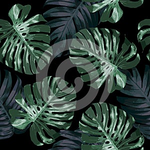 Seamless pattern design of tropical leaves on black background monstera and philodendron plant