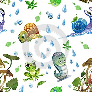 Seamless pattern. Destky style. Turtle, caterpillar, snail, frog, mushrooms, drops and leaves