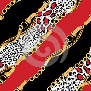 Seamless Pattern of Diagonal Golden Chains and Belts. Animal Skin Design for Textile Prints.