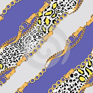 Seamless Pattern of Diagonal Golden Chains and Belts. Animal Skin Design for Textile Prints.