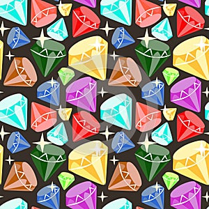 Seamless pattern with diamonds and crystals in bright colors. Children's illustration, Cartoon background. Pattern
