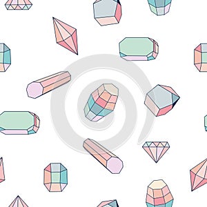 Seamless pattern with diamonds, gem stones,jewellery. Endless texture, white, blue and pink color