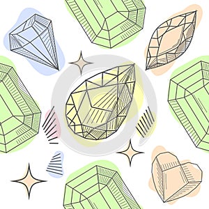 Seamless pattern with diamonds, jems, stones and abstract shapes. Trendy hipster design with minerals and crystals photo