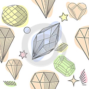 Seamless pattern with diamonds, jems, stones and abstract shapes. Trendy hipster design with minerals and crystals photo
