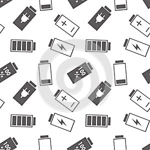 Seamless pattern with different battery pictograms. Part of the mobile interface, charge icon. Empty and full battery. Monochrome
