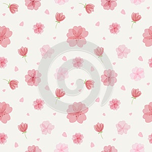 Seamless pattern with different beautiful watercolor sakura flowers and petals