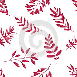 Seamless pattern with different branches with leaves berries with line in viva magenta pink color 2023 on white background. Vector