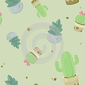 Seamless pattern with different cactus. Repeated texture with green cactus. Pattern background with desert plants.