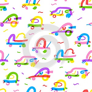 Seamless pattern of different cars in bright colors. Background abstract cars in simple line style. Kids drawing