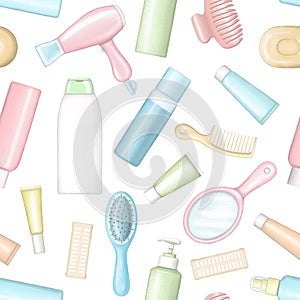 Seamless pattern with bottles for cosmetics, combs, hair dryer, curlers and hairpin