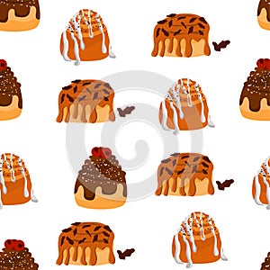 Seamless pattern with different cinnamon rolls. Cinnabon with sugar, topping, syrup, nuts. Swirl buns.