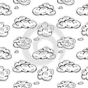 Seamless pattern with different clouds isolated o nwhite background. Hand drawn vector illustration in realistic style. Light sky photo