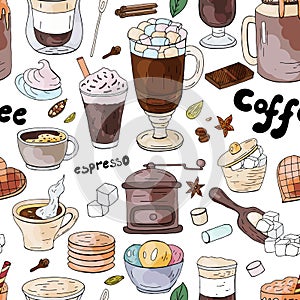 Seamless pattern with different coffee drinks ant sweats on the white background