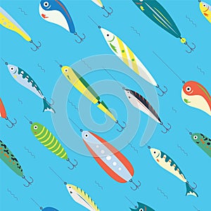 Seamless Pattern Different Color Fishing Bait with Big and Small Cartoon Fishes in the Ocean or Sea.