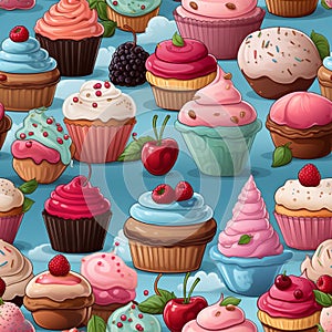 Seamless pattern with different cupcakes and muffins on blue background illustration. Generative ai