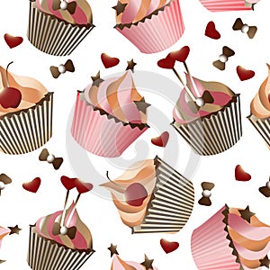 Seamless pattern with different cupcakes on a white background. Sweet pastries decorated with hearts, cherry, flower and star