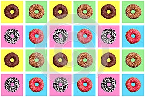 Seamless pattern of different donuts on bright checkered multi-colored background top view, tasty doughnuts on chequered backdrop