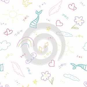 Seamless pattern of different doodle drawings in cute childish style. Wing, mermaid tail, sun, rainbow, flower, heart, cloud