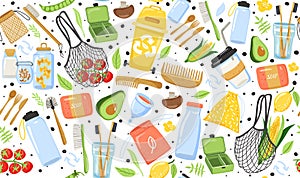 Seamless pattern with different eco objects. Shopping bag, container, cup, comb, toothbrush, cutlery, jar, soap etc.