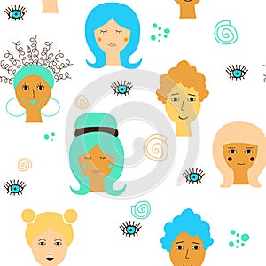 Seamless pattern with different ethnicity female faces on a waite background. Vector drawing for International womens day.