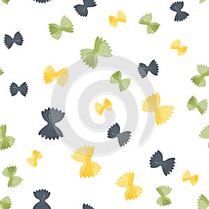 Seamless pattern with different farfalle rigatte on white background. Green, yellow and black farfalle. Italian macaroni.