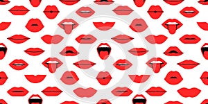 Seamless pattern with different female lips with emotion like kiss, smile with tongue and scream