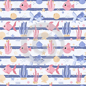 Seamless pattern with different fish, algae and shells. Cute ocean characters. Underwater Marine animals, algae, bubbles
