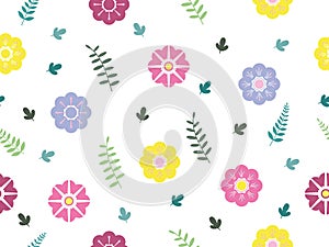 Seamless pattern with different flowers and plants. Isolated elements on a white background. Vector illustration. For