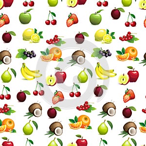 Seamless pattern of different fruits with leaves and flowers