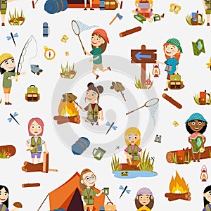 Seamless pattern. Different girls tourist on nature. Camping.