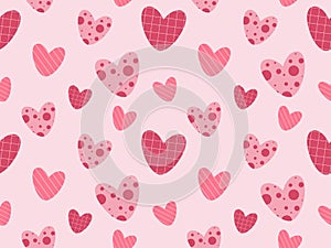 Seamless pattern with different hearts. Vector background in 1970s-1980s retro hippie style for printing on textiles