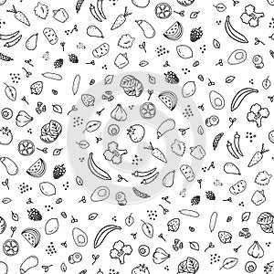 Seamless pattern of different kinds of vegetables, greens and fruits