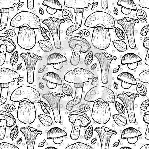 Seamless pattern with different mushrooms