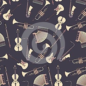 Seamless pattern with different music instruments.