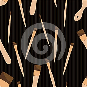 Seamless pattern with Different paint brushes. Black background. Art tools vector illustration