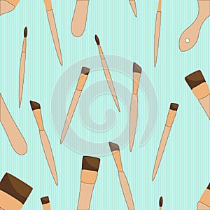 Seamless pattern with Different paint brushes. Blue background. Art tools vector illustration