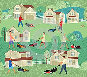 Seamless pattern. Different people mow grass with lawn mowers near houses