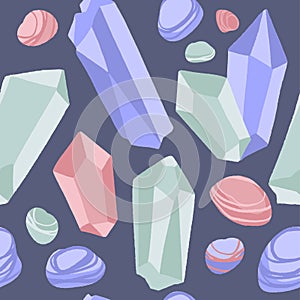 Seamless pattern with different quartz crystals and stones for spiritual practices, yoga or wellness.