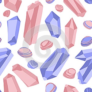 Seamless pattern with different quartz crystals and stones for spiritual practices, yoga or wellness.