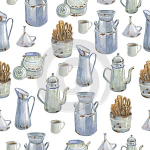 Seamless pattern of different rusty dishes and wood cutlery. Made in the technique of colored pencils. Hand drawn