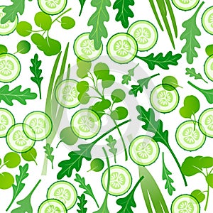 Seamless pattern. Different salad leaves, green onion and slices of cucumber on a white background.