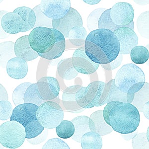 Seamless pattern of different sizes blue green watercolor hand painted round shapes, stains, circles, blobs isolated on white back