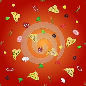 Seamless pattern with different slices of pizza and ingredients