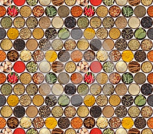 Seamless pattern with different spices isolated on white background.