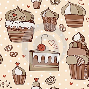 Seamless pattern with different sweet cupcakes on dot background